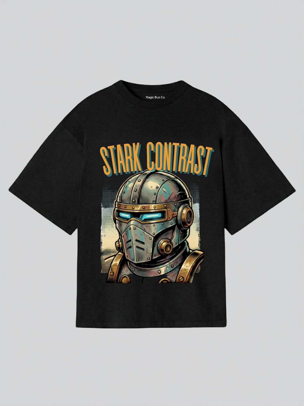Stark Contrast Cyber Helmet Oversized T-Shirt (Black & White) – Futuristic Graphic Streetwear