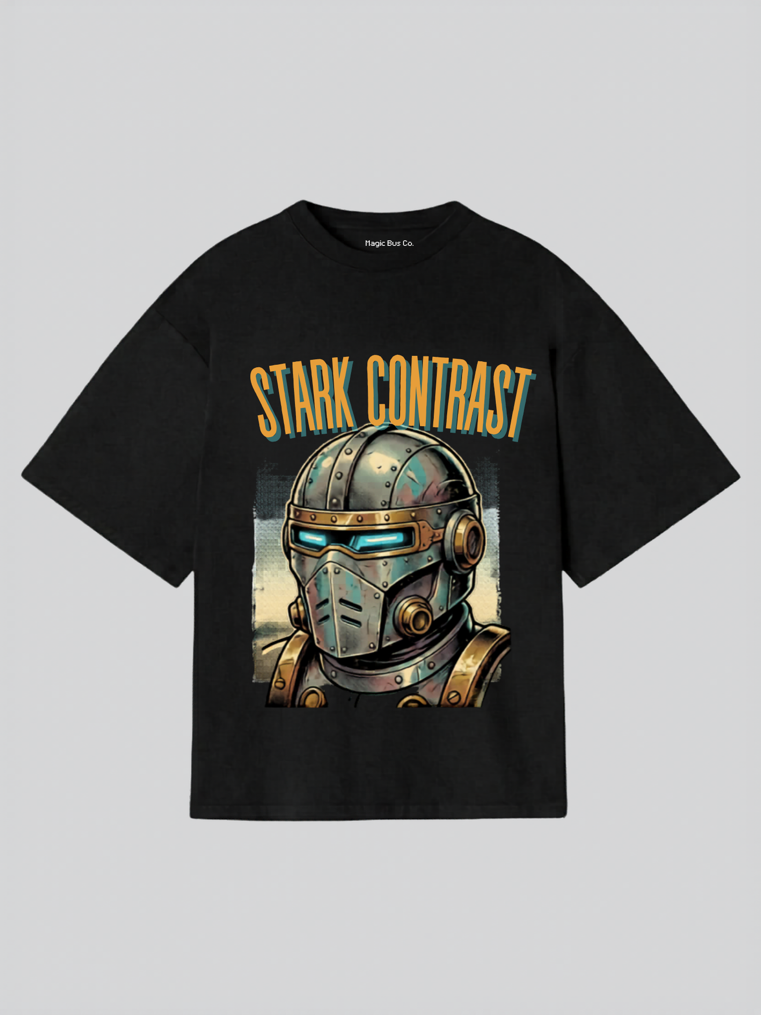Stark Contrast Cyber Helmet Oversized T-Shirt (Black & White) – Futuristic Graphic Streetwear