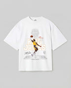White t-shirt with a graphic of a basketball player and text on a gray background