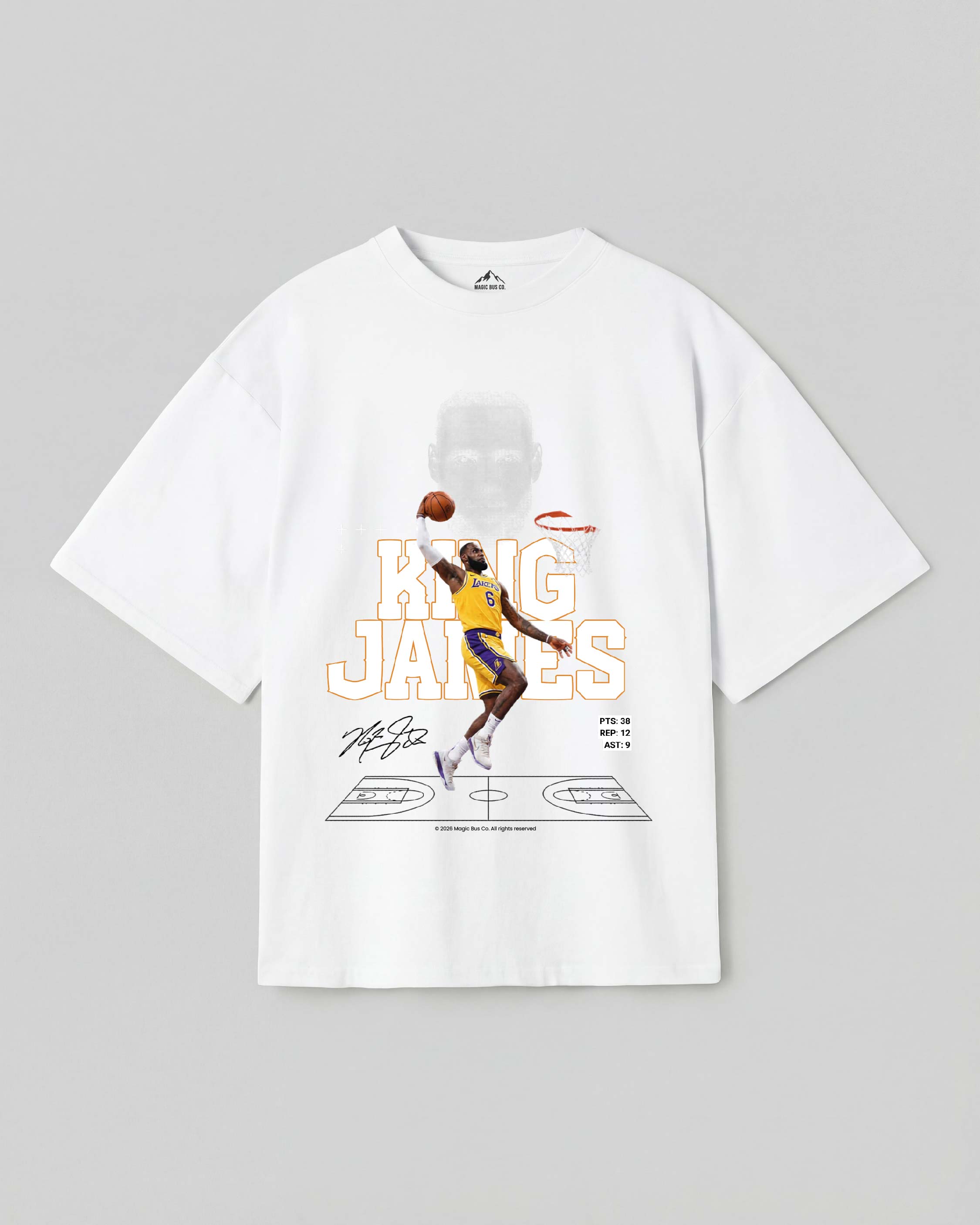 White t-shirt with a graphic of a basketball player and text on a gray background