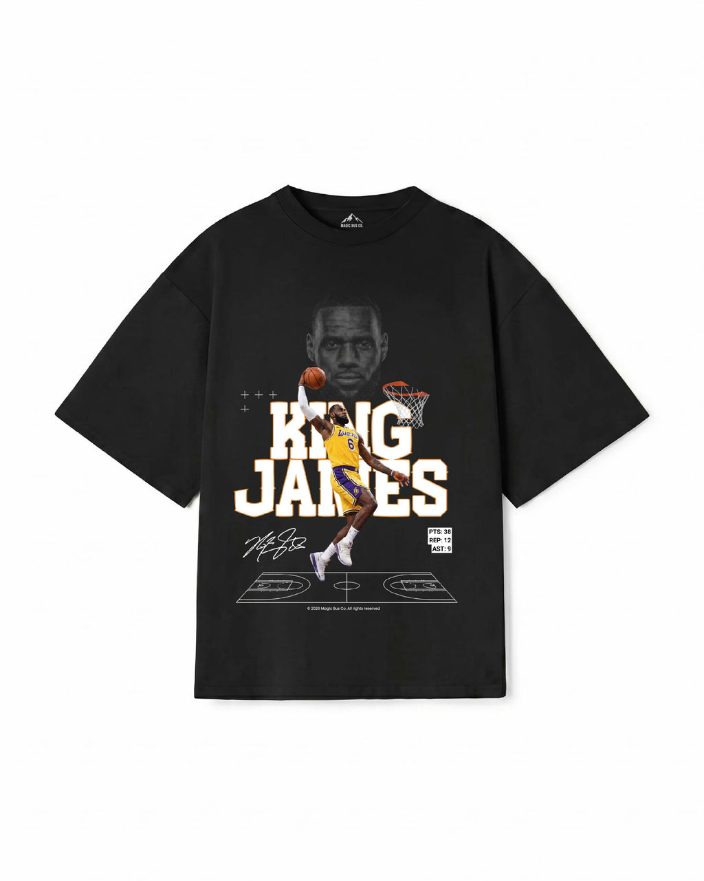 Black t-shirt with a graphic of a basketball player and 'King James' text on a white background