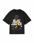 Black t-shirt with a graphic of a basketball player and 'King James' text on a white background