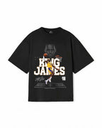 Black t-shirt with a graphic of a basketball player and 'King James' text on a white background
