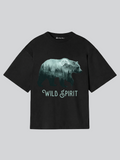 Black t-shirt with bear graphic and 'Wild Spirit' text on a gray background