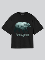 Black t-shirt with bear graphic and 'Wild Spirit' text on a gray background