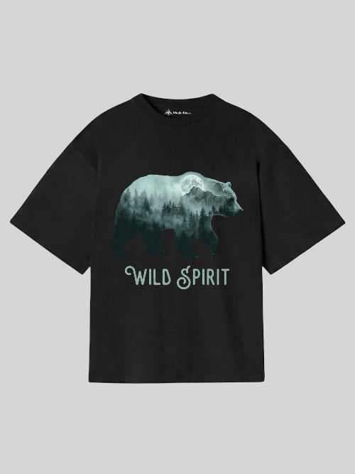 Black t-shirt with bear graphic and 'Wild Spirit' text on a gray background
