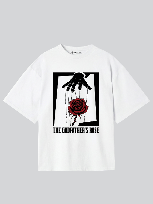 White t-shirt with a graphic design of a hand holding a red rose and text 'The Godfather's Rose' on a gray background.