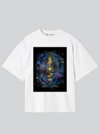 White t-shirt with a 'Sacred Cosmos' design on a gray background