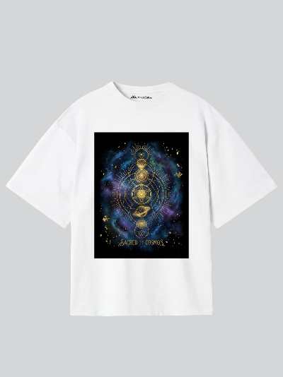 White t-shirt with a 'Sacred Cosmos' design on a gray background
