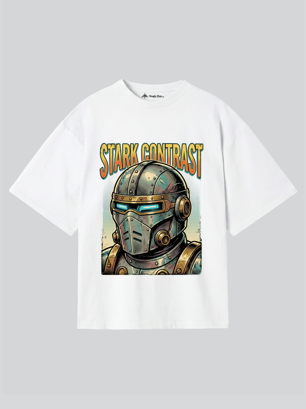 White t-shirt with a graphic of a character in armor and 'Stark Contrast' text on a gray background