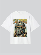 White t-shirt with a graphic of a character in armor and 'Stark Contrast' text on a gray background
