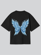 Black t-shirt with blue angel wings design on a gray background