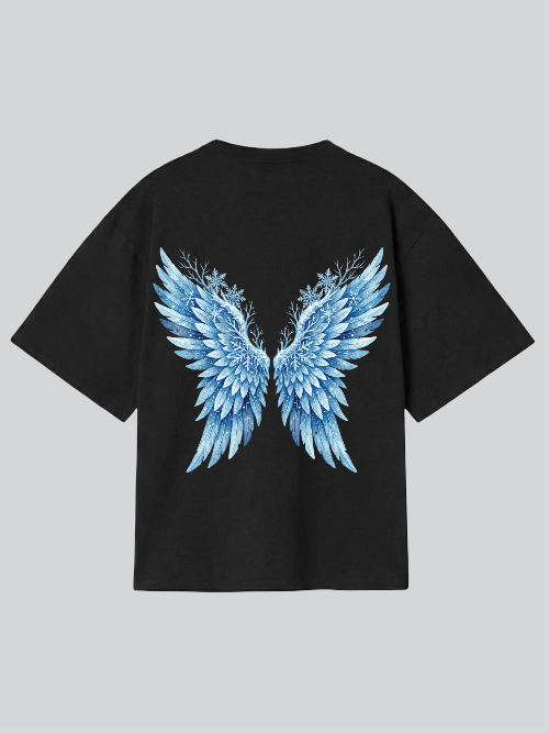 Black t-shirt with blue angel wings design on a gray background
