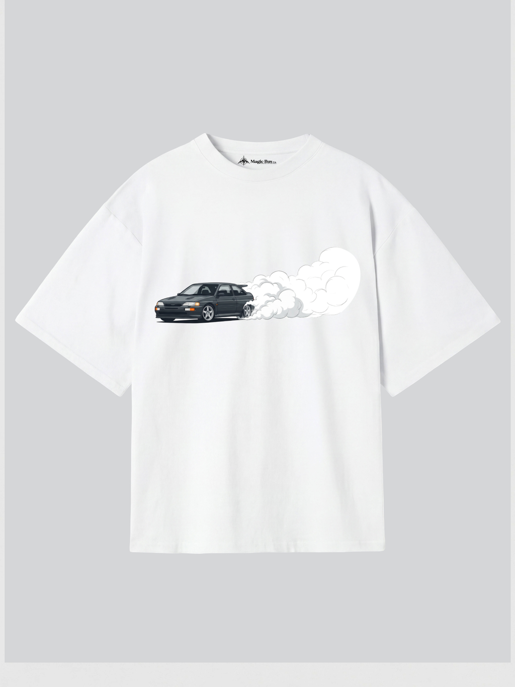 White t-shirt with a graphic design of a car and a cloud on a gray background