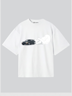 White t-shirt with a graphic design of a car and a cloud on a gray background