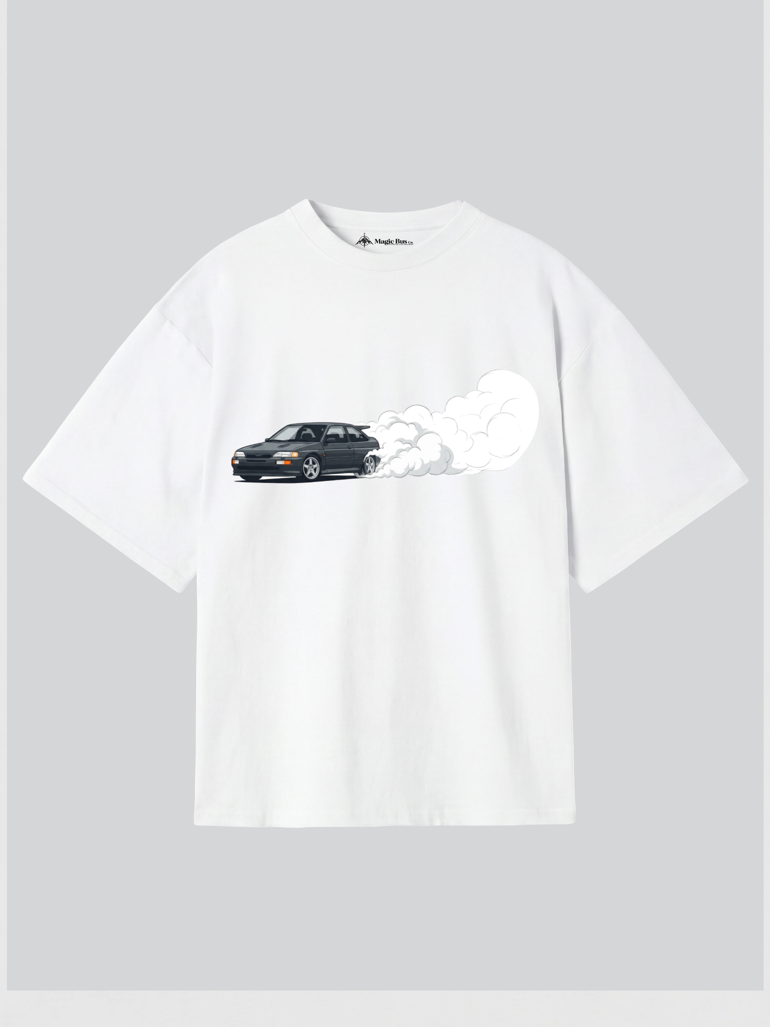 White t-shirt with a graphic design of a car and a cloud on a gray background