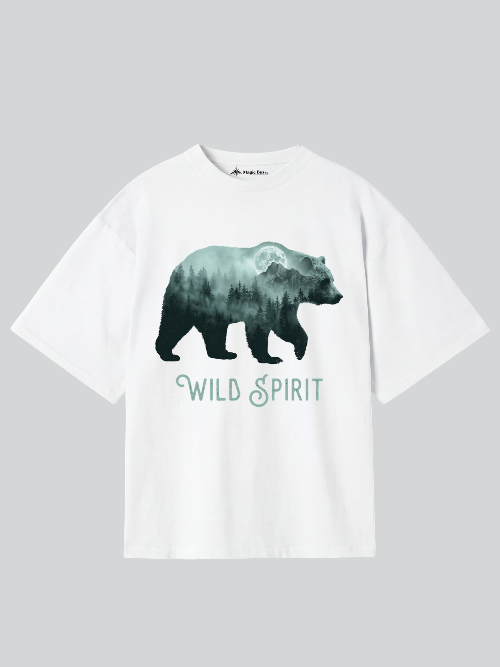 White t-shirt with a bear graphic and 'Wild Spirit' text on a gray background
