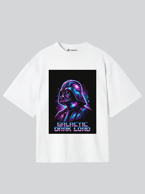 White t-shirt with a colorful Darth Vader graphic and 'Galactic Dark Lord' text on a gray background
