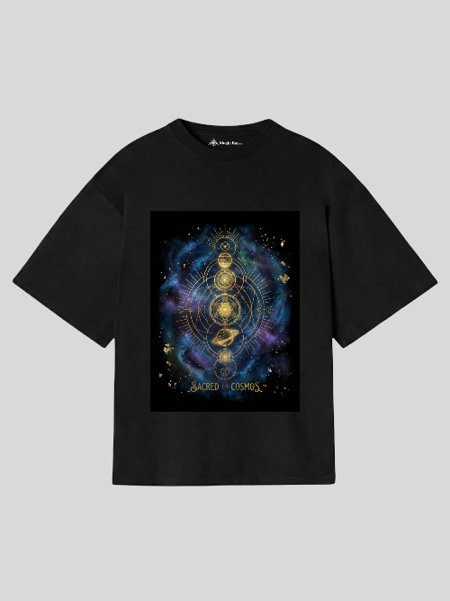 Black t-shirt with a colorful 'Sacred Cosmos' design on a light gray background