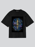 Black t-shirt with a colorful 'Sacred Cosmos' design on a light gray background