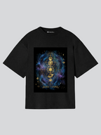 Black t-shirt with a colorful 'Sacred Cosmos' design on a light gray background