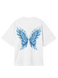 White t-shirt with blue angel wings design on a gray background