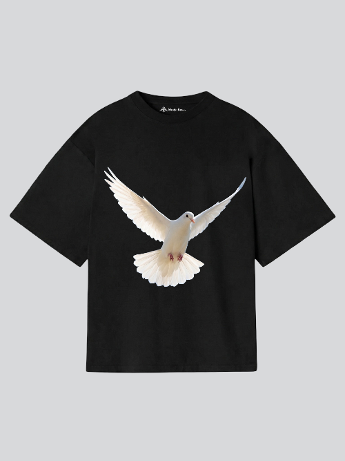 Black t-shirt with a white dove graphic on a light gray background