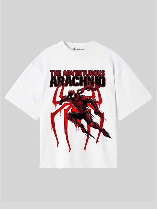 Adventurous Arachnid Oversized T-Shirt (Black & White) – Superhero Spider Graphic Streetwear Tee for Men & Women