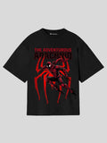 Adventurous Arachnid Oversized T-Shirt (Black & White) – Superhero Spider Graphic Streetwear Tee for Men & Women
