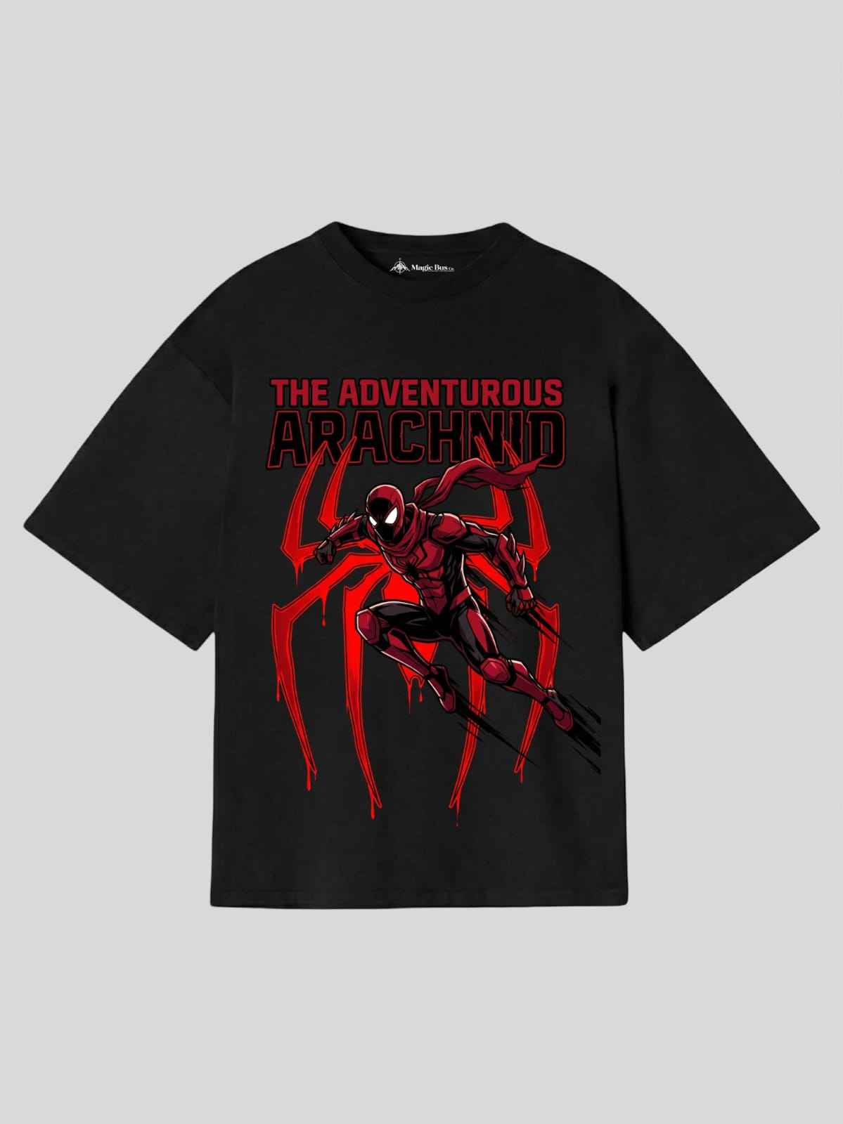 Adventurous Arachnid Oversized T-Shirt (Black & White) – Superhero Spider Graphic Streetwear Tee for Men & Women
