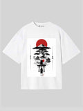 Japanese Samurai Zen Art Oversized T-Shirt (Black & White) – Mount Fuji Graphic Streetwear Tee for Men & Women