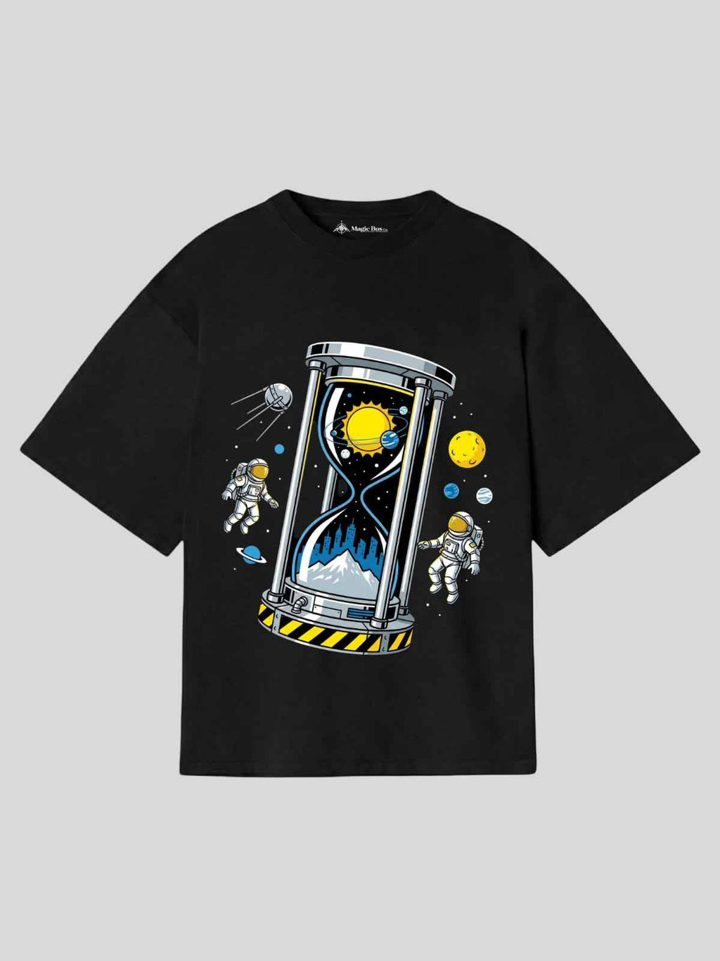 Cosmic Time Hourglass Oversized T-Shirt (Black, White & Brown) – Space Graphic Streetwear Tee for Men & Women