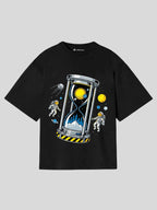 Cosmic Time Hourglass Oversized T-Shirt (Black, White & Brown) – Space Graphic Streetwear Tee for Men & Women
