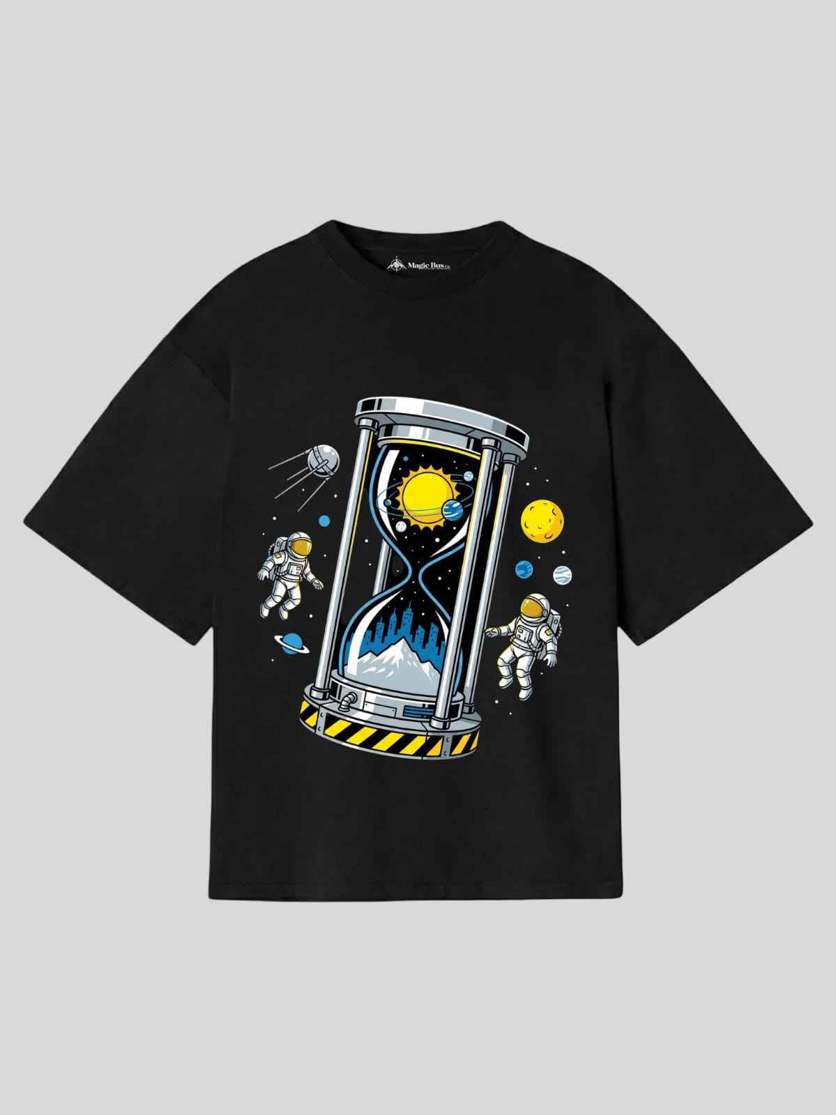 Cosmic Time Hourglass Oversized T-Shirt (Black, White & Brown) – Space Graphic Streetwear Tee for Men & Women
