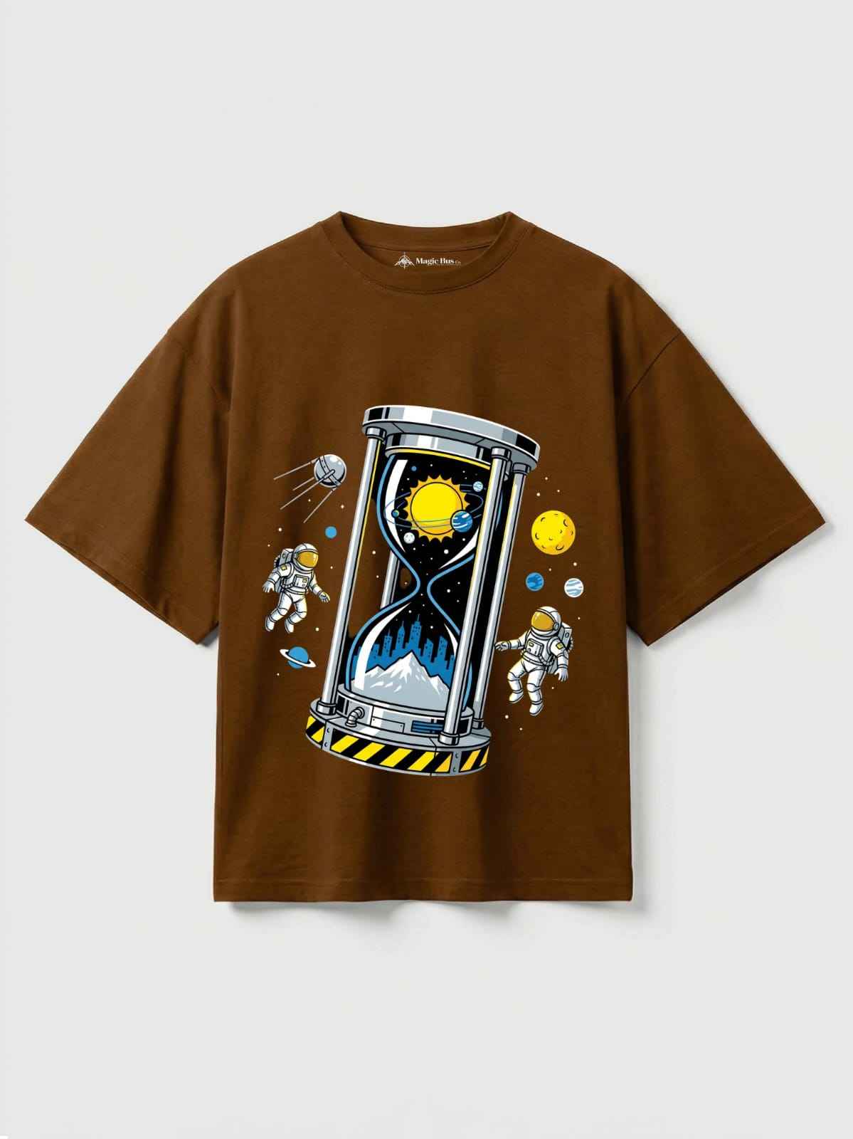 Cosmic Time Hourglass Oversized T-Shirt (Black, White & Brown) – Space Graphic Streetwear Tee for Men & Women