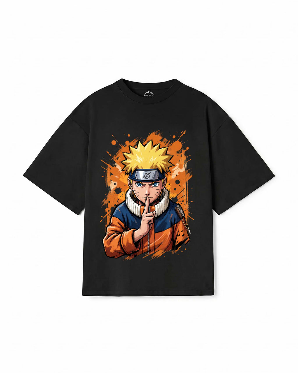 Black t-shirt with a graphic of an anime character on a white background