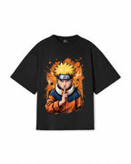 Black t-shirt with a graphic of an anime character on a white background