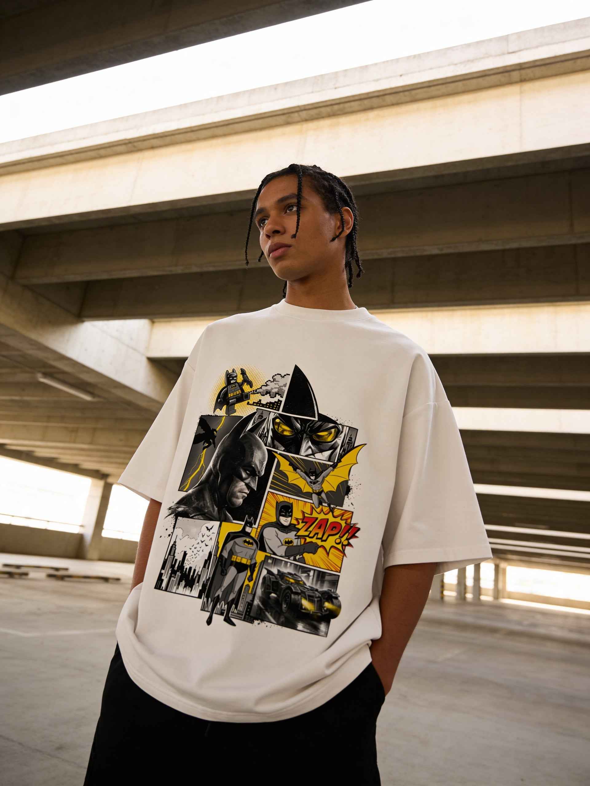 Batman Comic Panel Oversized T-Shirt – Black & Yellow Graphic Tee